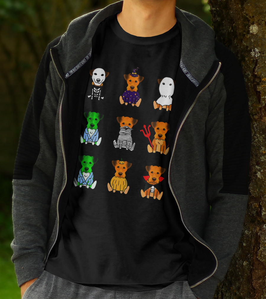 Airedale Terrier Halloween Costumes Skeleton Witch Ghost Zombie Mummy Devil Pumpkin Dracula T-Shirt