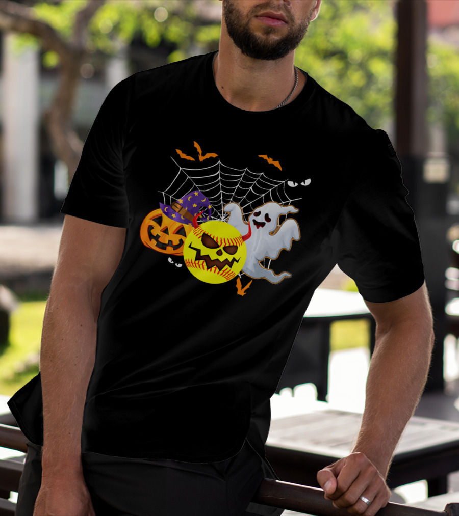 Halloween Softball Pumpkin Ghost Cobwebs And Bats Fun T-Shirt