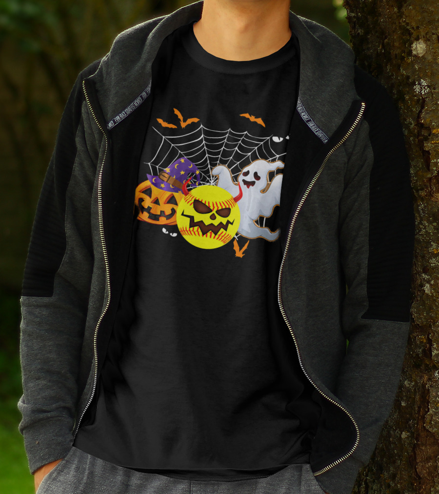 Halloween Softball Pumpkin Ghost Cobwebs And Bats Fun T-Shirt