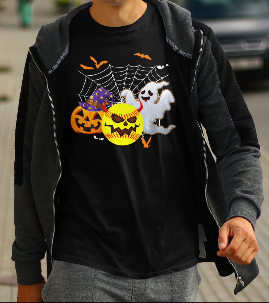 Halloween Softball Pumpkin Ghost Cobwebs And Bats Fun T-Shirt
