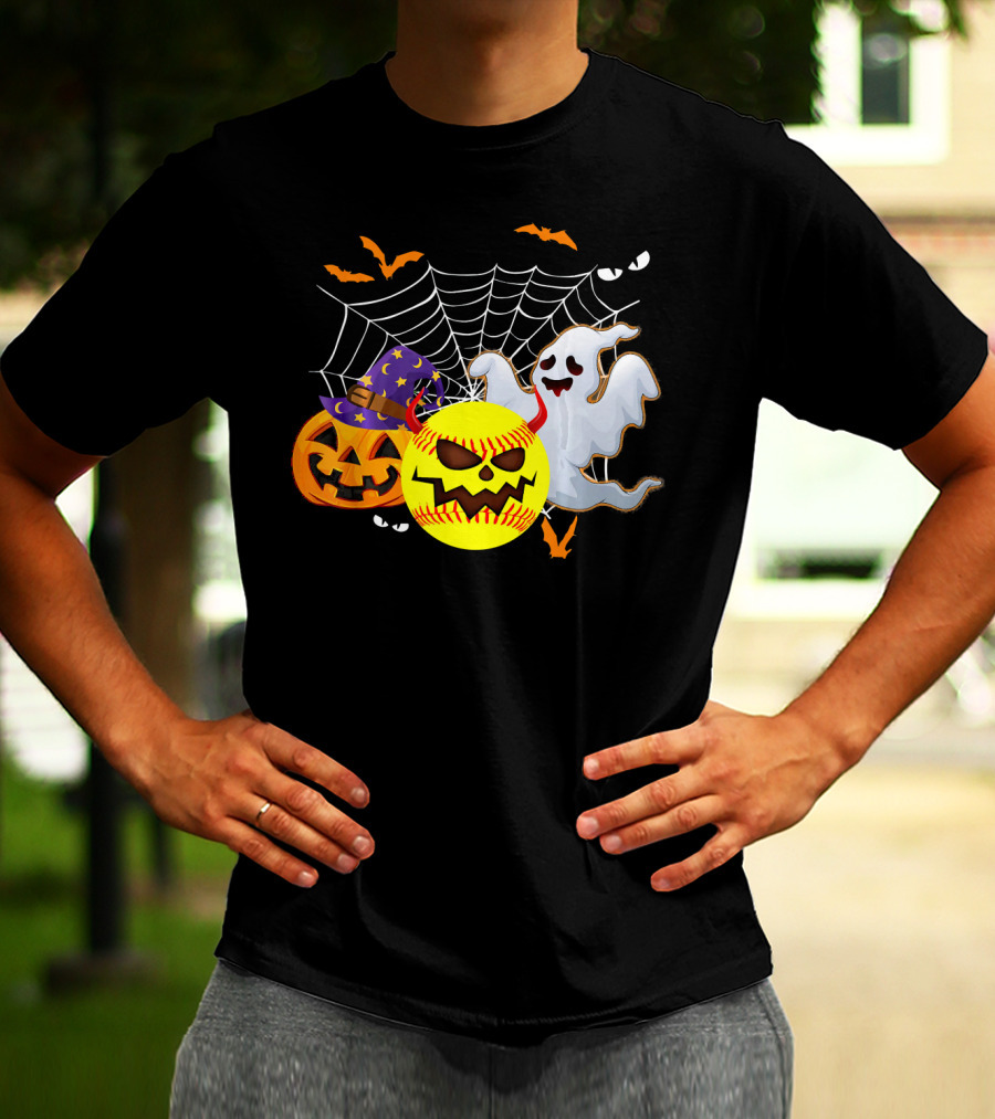 Halloween Softball Pumpkin Ghost Cobwebs And Bats Fun T-Shirt