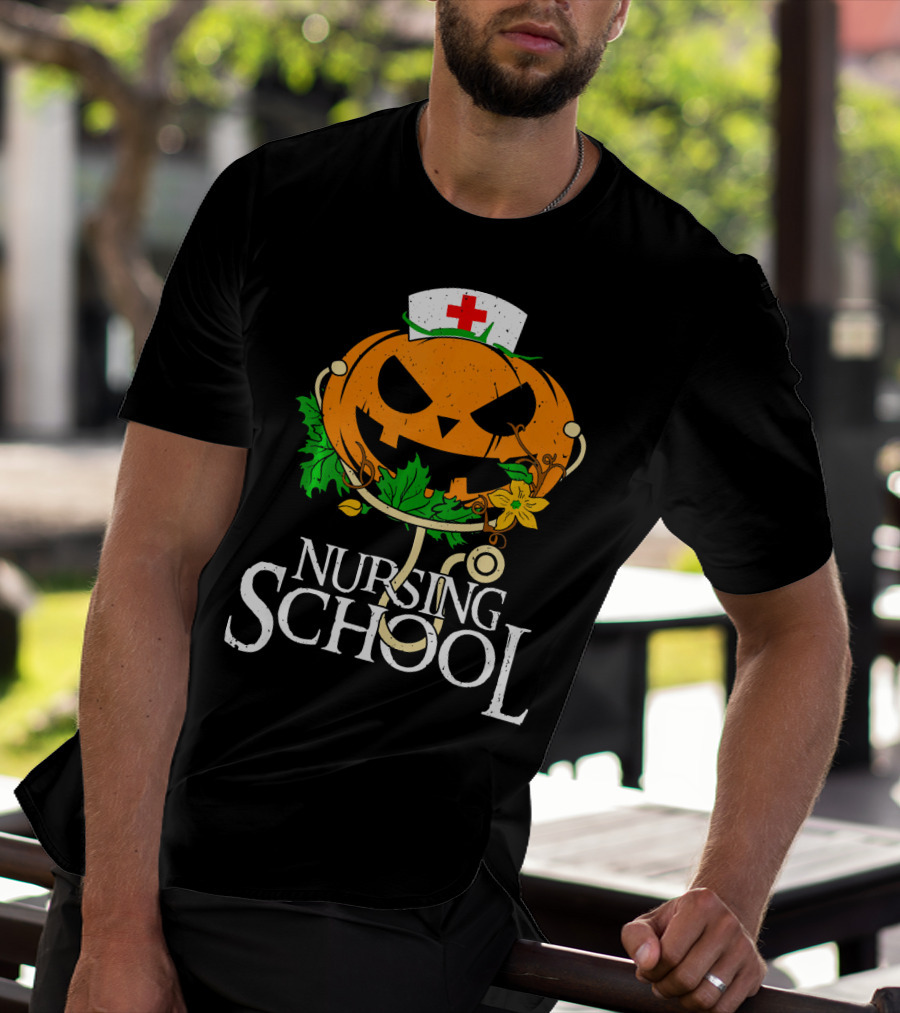 Nursing School Pumpkin With Stethoscope And Nurse Hat Jack-o'-Lantern T-Shirt