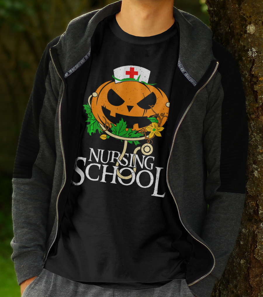 Nursing School Pumpkin With Stethoscope And Nurse Hat Jack-o'-Lantern T-Shirt