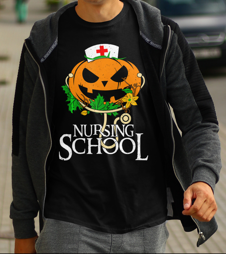 Nursing School Pumpkin With Stethoscope And Nurse Hat Jack-o'-Lantern T-Shirt