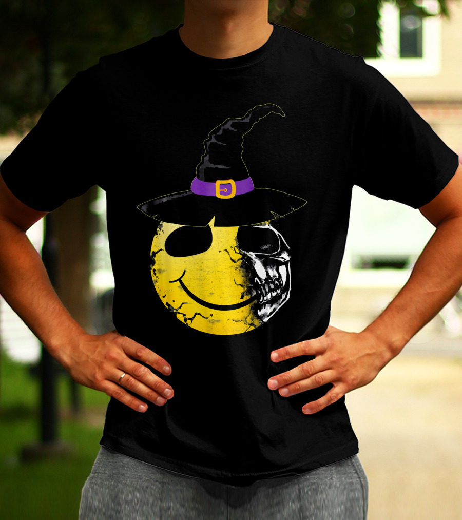 Halloween Witch Hat Smiley Half Skull Face T-Shirt
