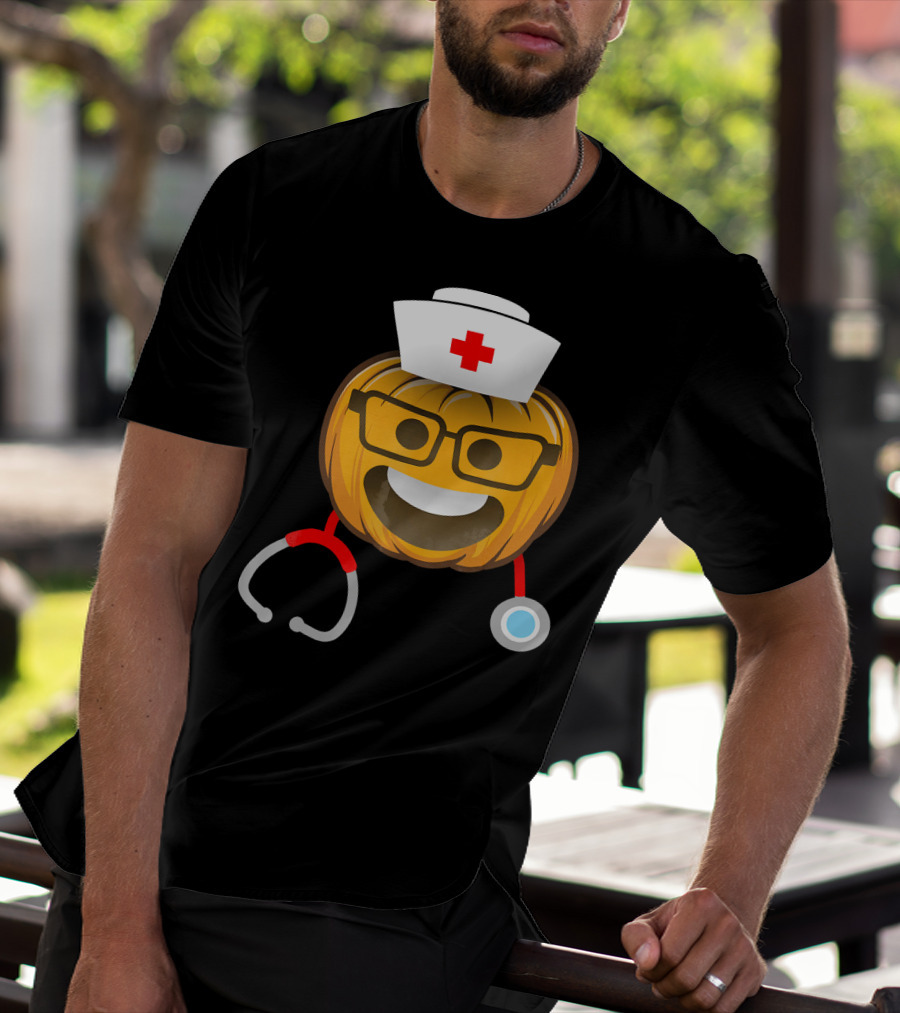 Nurse Halloween Pumpkin Emoji With Nerd Glasses And Stethoscope T-Shirt