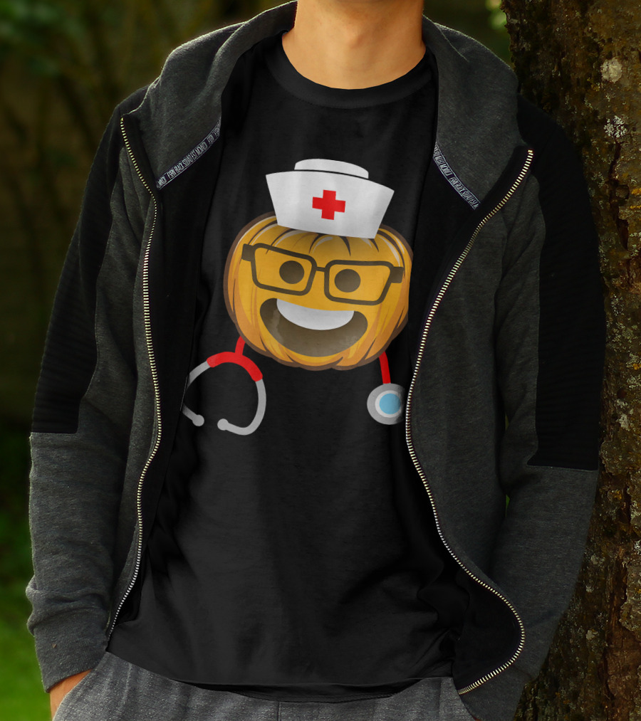 Nurse Halloween Pumpkin Emoji With Nerd Glasses And Stethoscope T-Shirt
