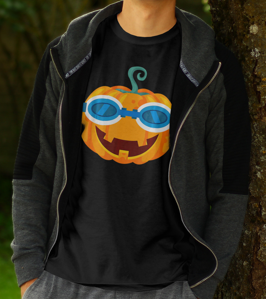 Swimming Pumpkin With Goggles Funny Halloween T-Shirt