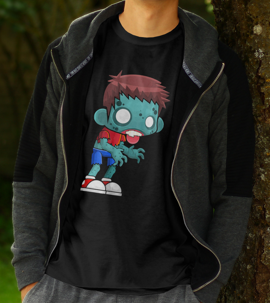 Zombie Boy Cartoon Character With Red Shirt And Blue Shorts T-Shirt