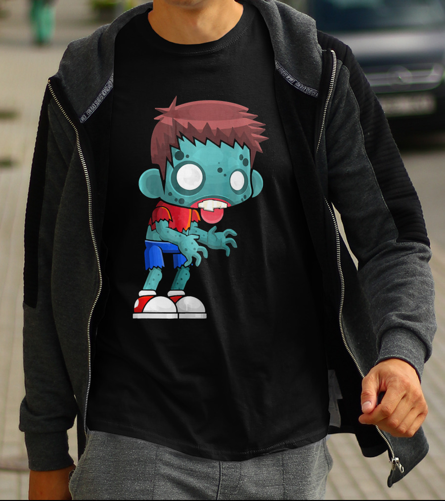 Zombie Boy Cartoon Character With Red Shirt And Blue Shorts T-Shirt