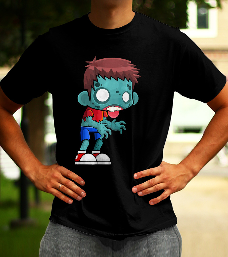 Zombie Boy Cartoon Character With Red Shirt And Blue Shorts T-Shirt