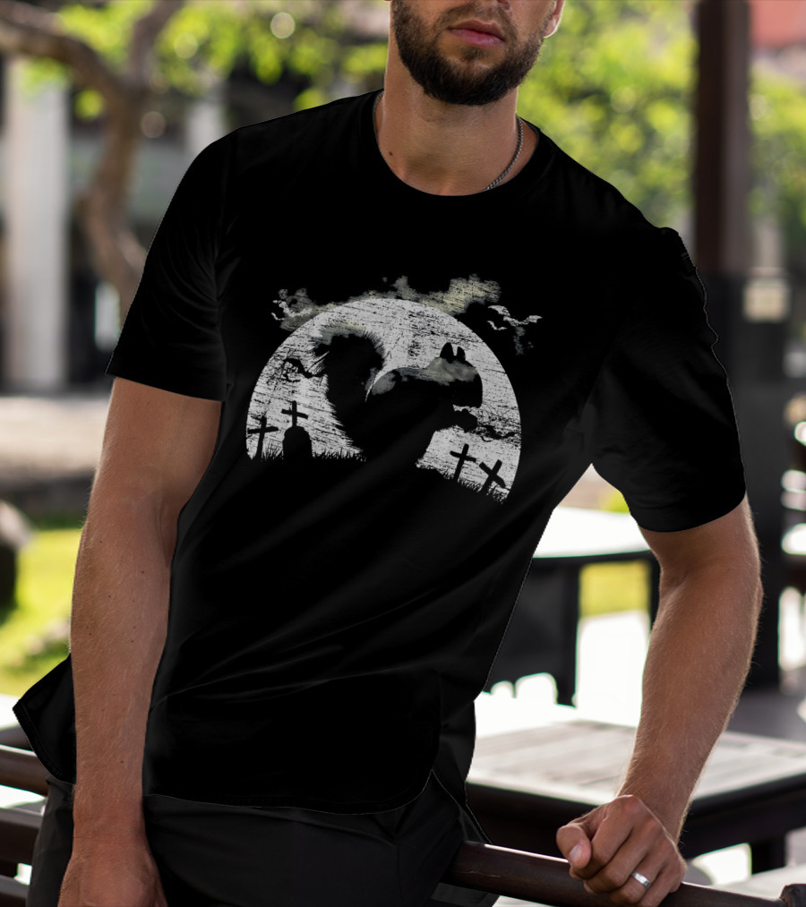 Halloween Squirrel Graveyard Silhouette With Full Moon And Bats T-Shirt