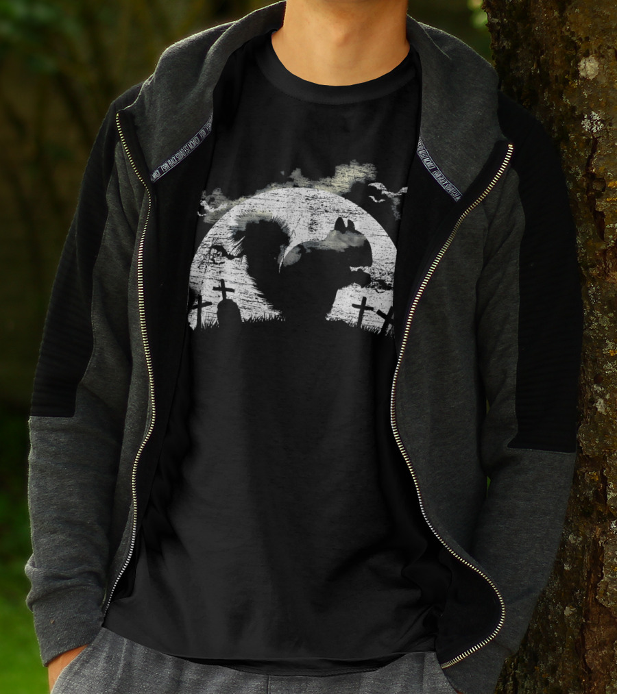 Halloween Squirrel Graveyard Silhouette With Full Moon And Bats T-Shirt