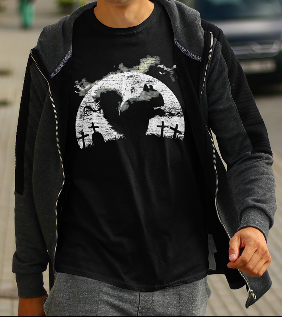 Halloween Squirrel Graveyard Silhouette With Full Moon And Bats T-Shirt