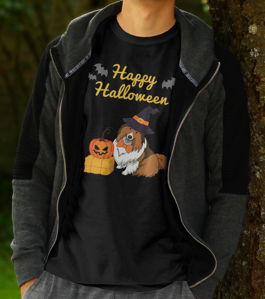 Happy Halloween Cute Sheltie With Witch Hat Pumpkins And Bats T-Shirt