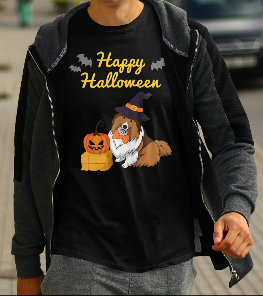 Happy Halloween Cute Sheltie With Witch Hat Pumpkins And Bats T-Shirt