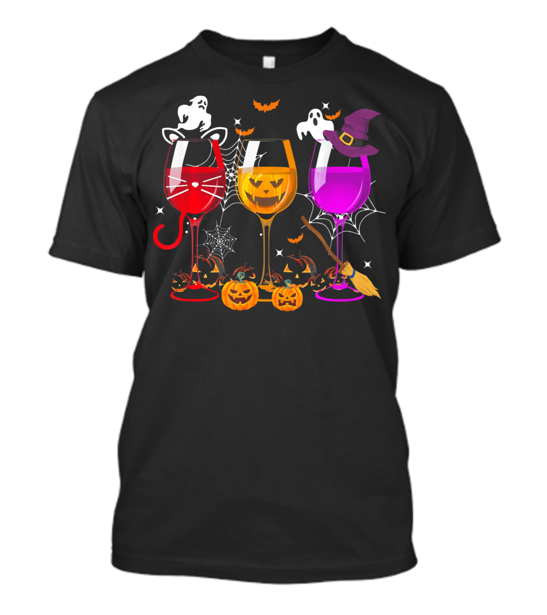 Halloween Ghost Cat Witch Pumpkin Three Glasses Of Wine T-Shirt