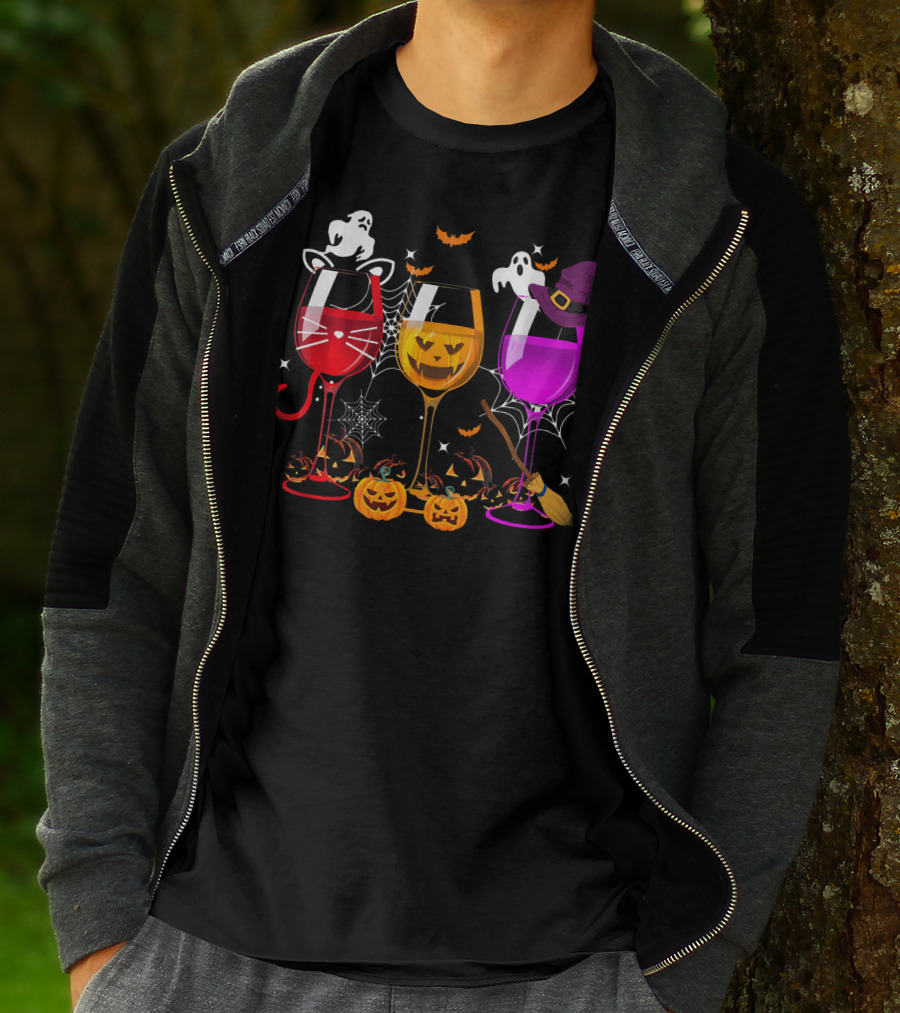 Halloween Ghost Cat Witch Pumpkin Three Glasses Of Wine T-Shirt