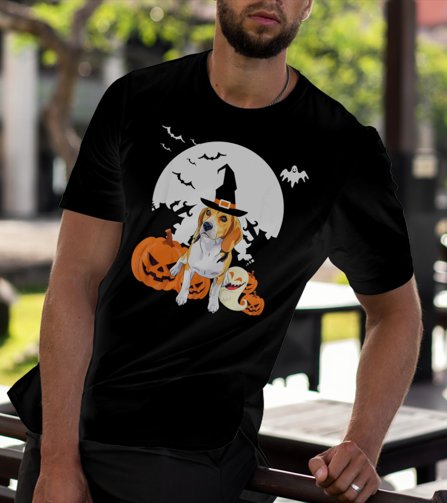 Happy Halloween Witch Beagle With Pumpkins And Ghosts T-Shirt
