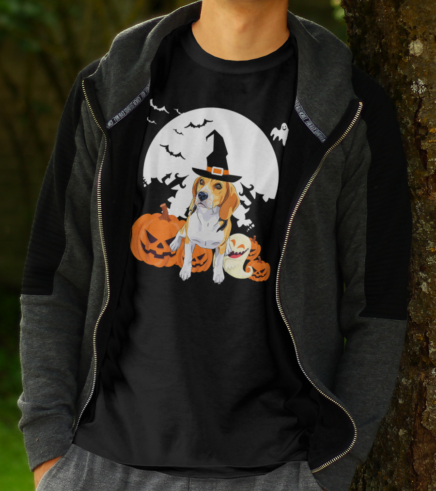 Happy Halloween Witch Beagle With Pumpkins And Ghosts T-Shirt