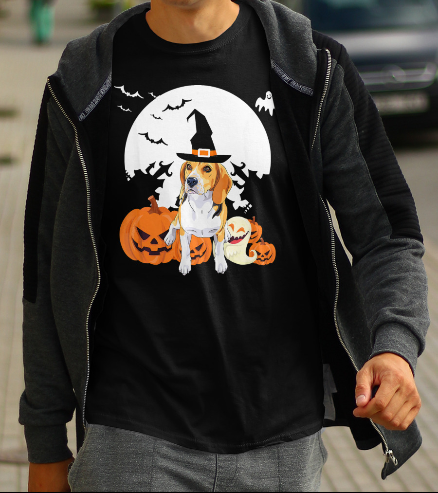 Happy Halloween Witch Beagle With Pumpkins And Ghosts T-Shirt