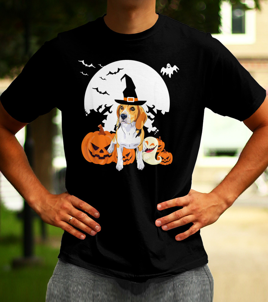 Happy Halloween Witch Beagle With Pumpkins And Ghosts T-Shirt