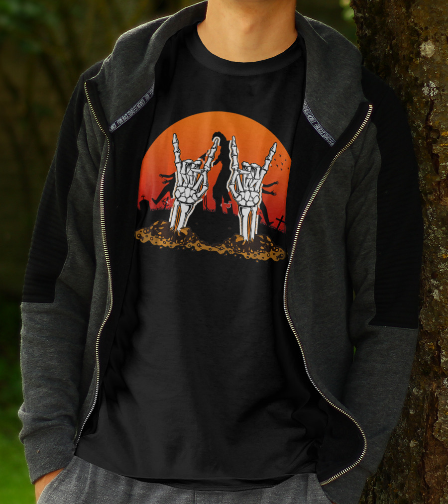 Halloween Skeleton Rocker Graveyard Sunset With Rock Hands T-Shirt