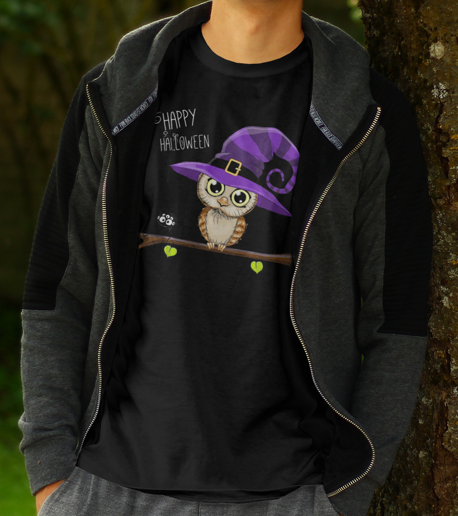 Happy Halloween Owl In Purple Witch Hat With Spider On Branch T-Shirt