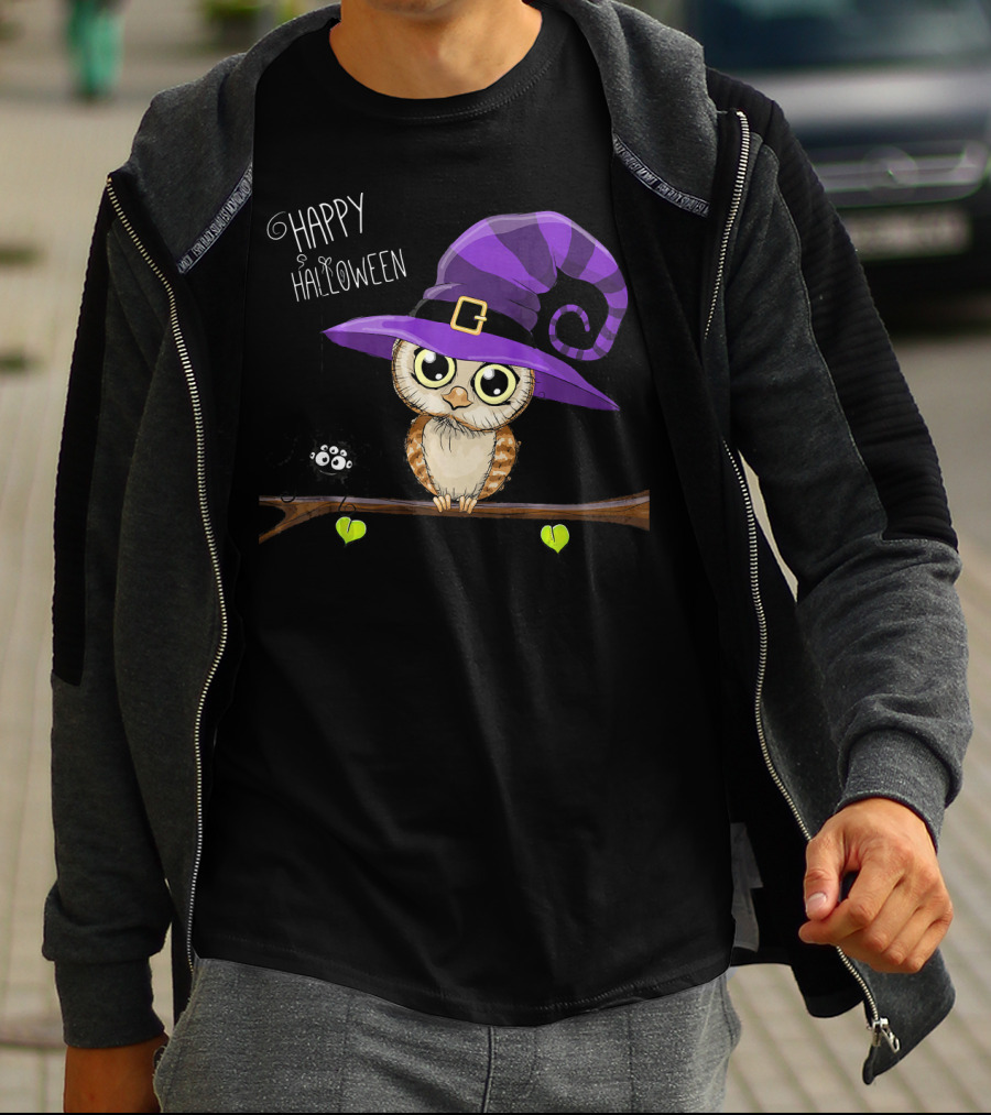 Happy Halloween Owl In Purple Witch Hat With Spider On Branch T-Shirt