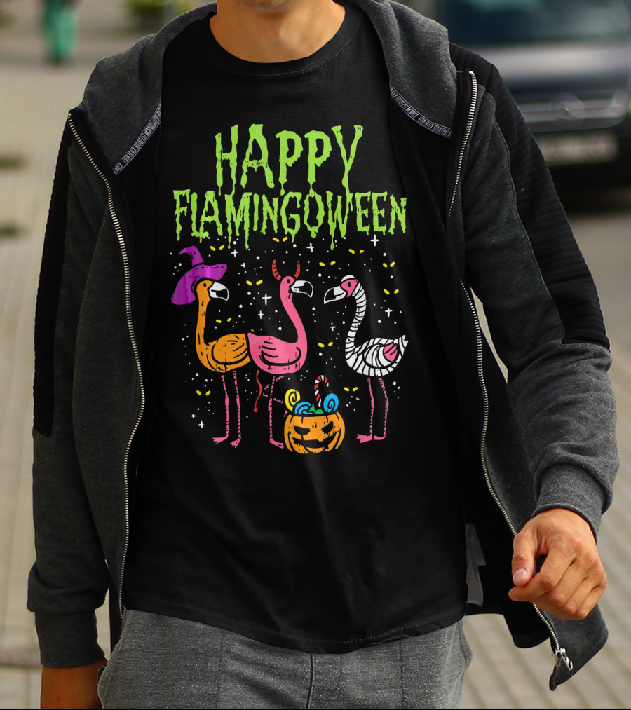 Happy Flamingoween Witch, Devil, Mummy Flamingo Halloween Pumpkin Candy T-Shirt