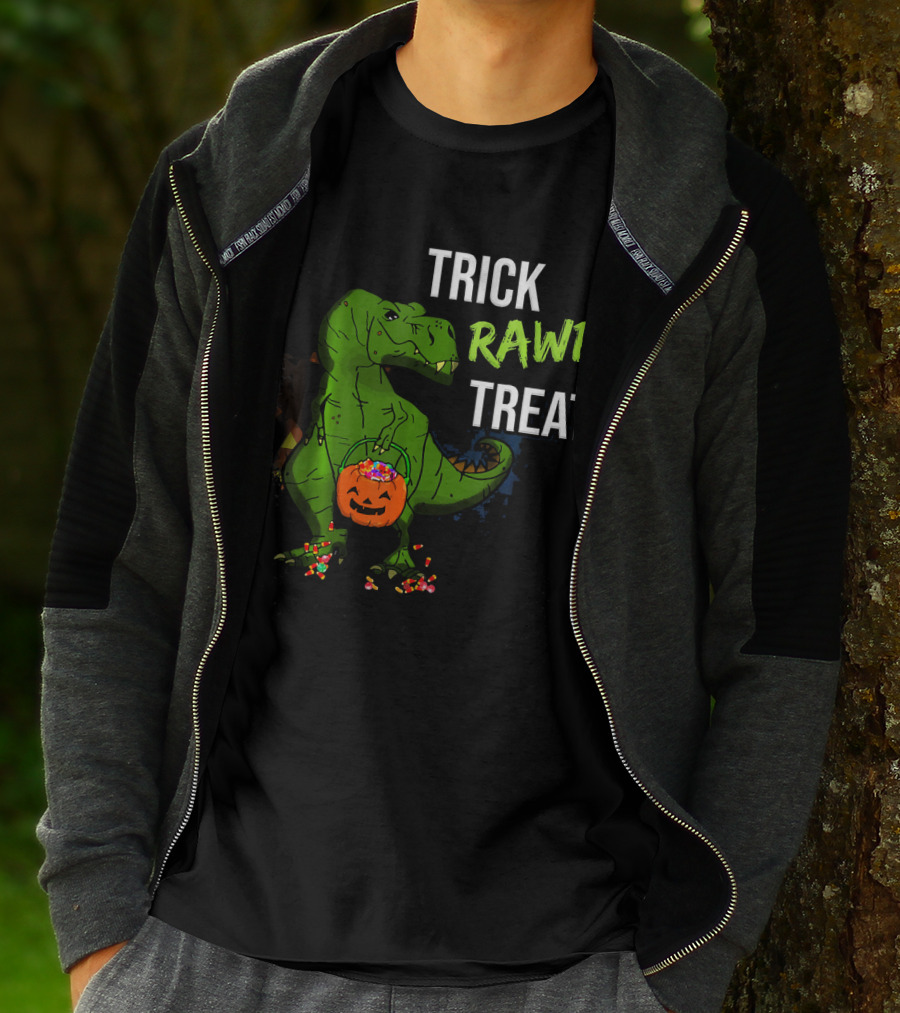 Trick Rawr Treat Halloween Rex Dinosaur With Candy And Pumpkin T-Shirt