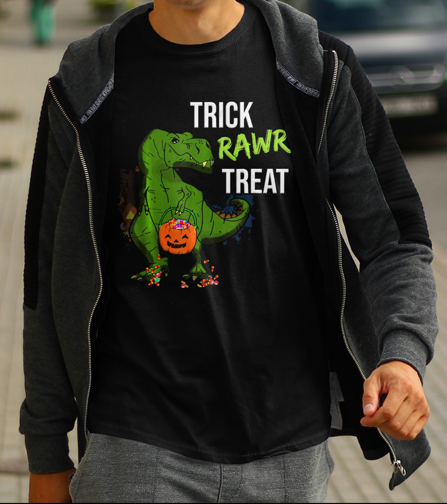 Trick Rawr Treat Halloween Rex Dinosaur With Candy And Pumpkin T-Shirt