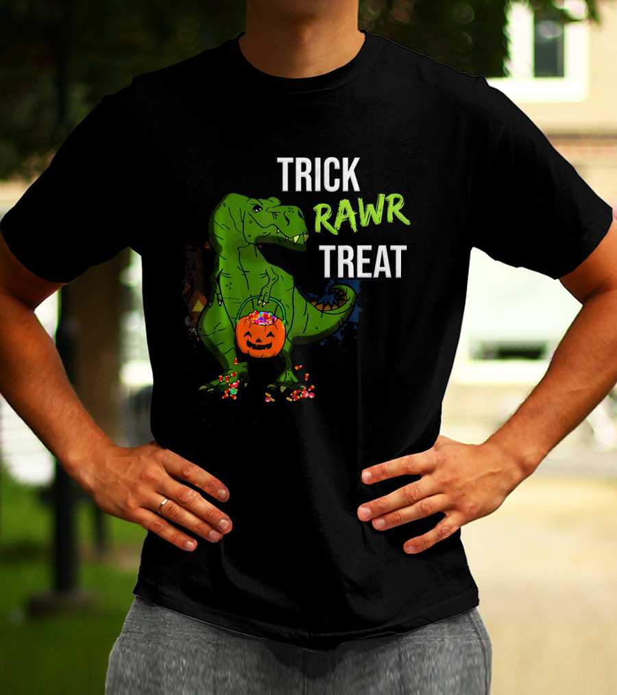 Trick Rawr Treat Halloween Rex Dinosaur With Candy And Pumpkin T-Shirt