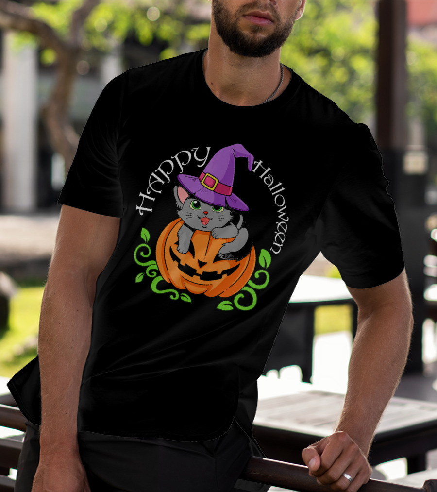 Happy Halloween Cat In Witch Hat On Pumpkin T-Shirt