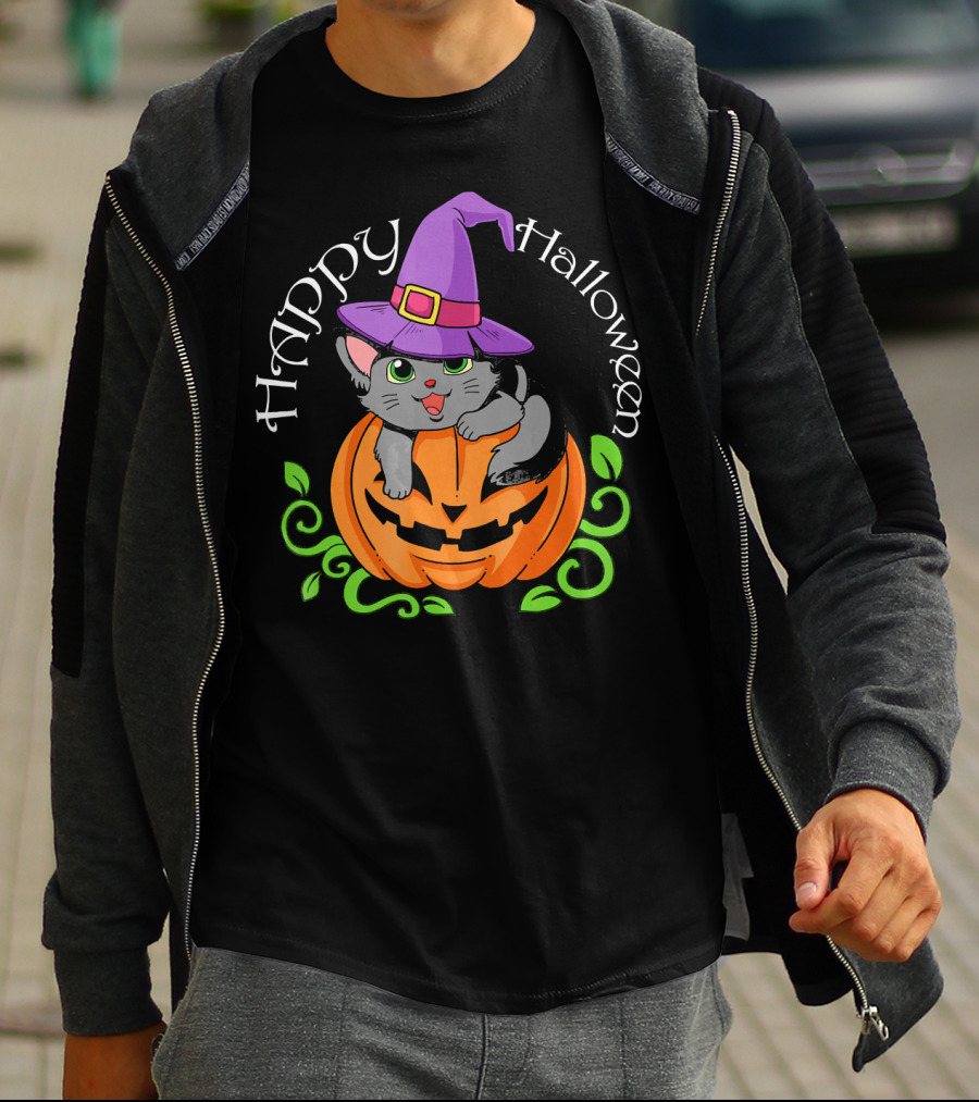 Happy Halloween Cat In Witch Hat On Pumpkin T-Shirt