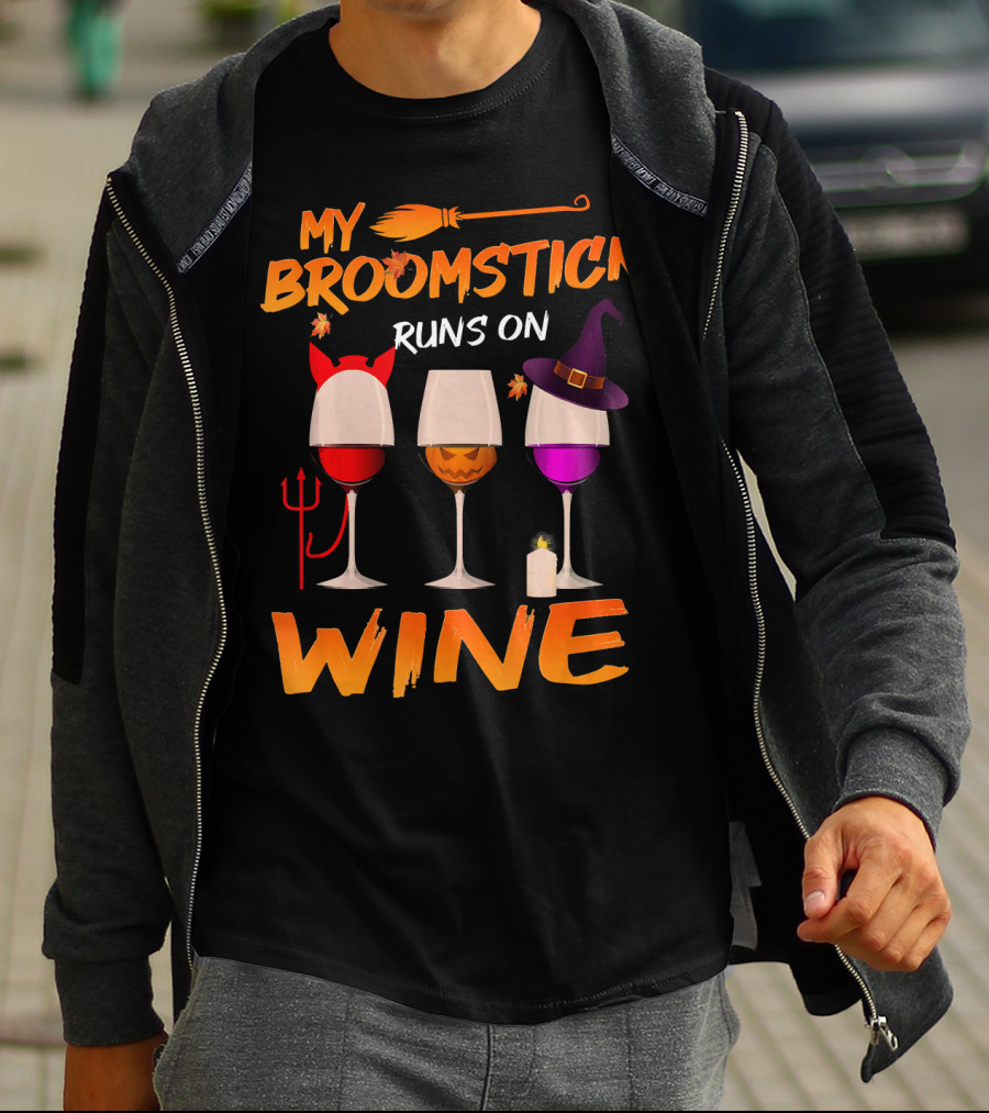 My Broomstick Runs On Wine Halloween Glasses T-Shirt