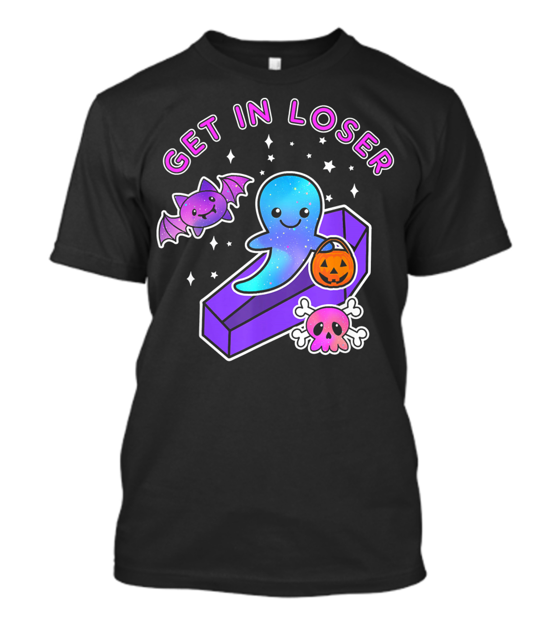 Get In Loser Kawaii Pastel Goth Halloween Ghost Coffin With Bat And Pumpkin T-Shirt