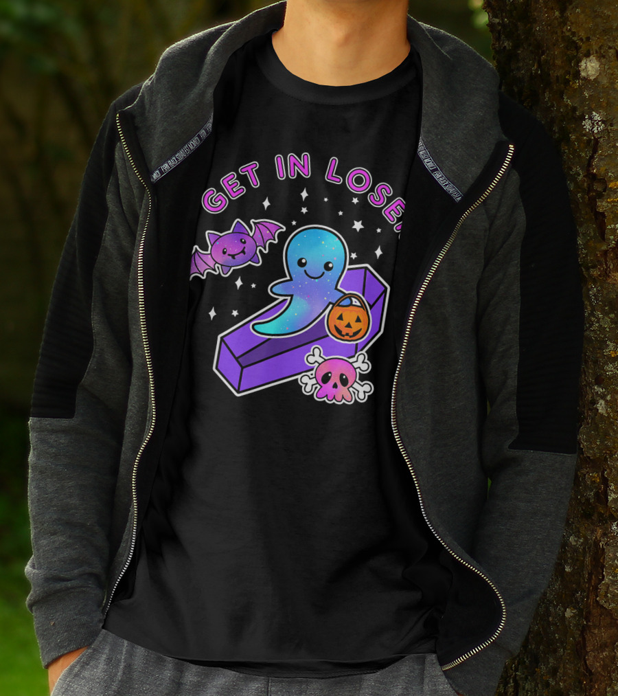 Get In Loser Kawaii Pastel Goth Halloween Ghost Coffin With Bat And Pumpkin T-Shirt