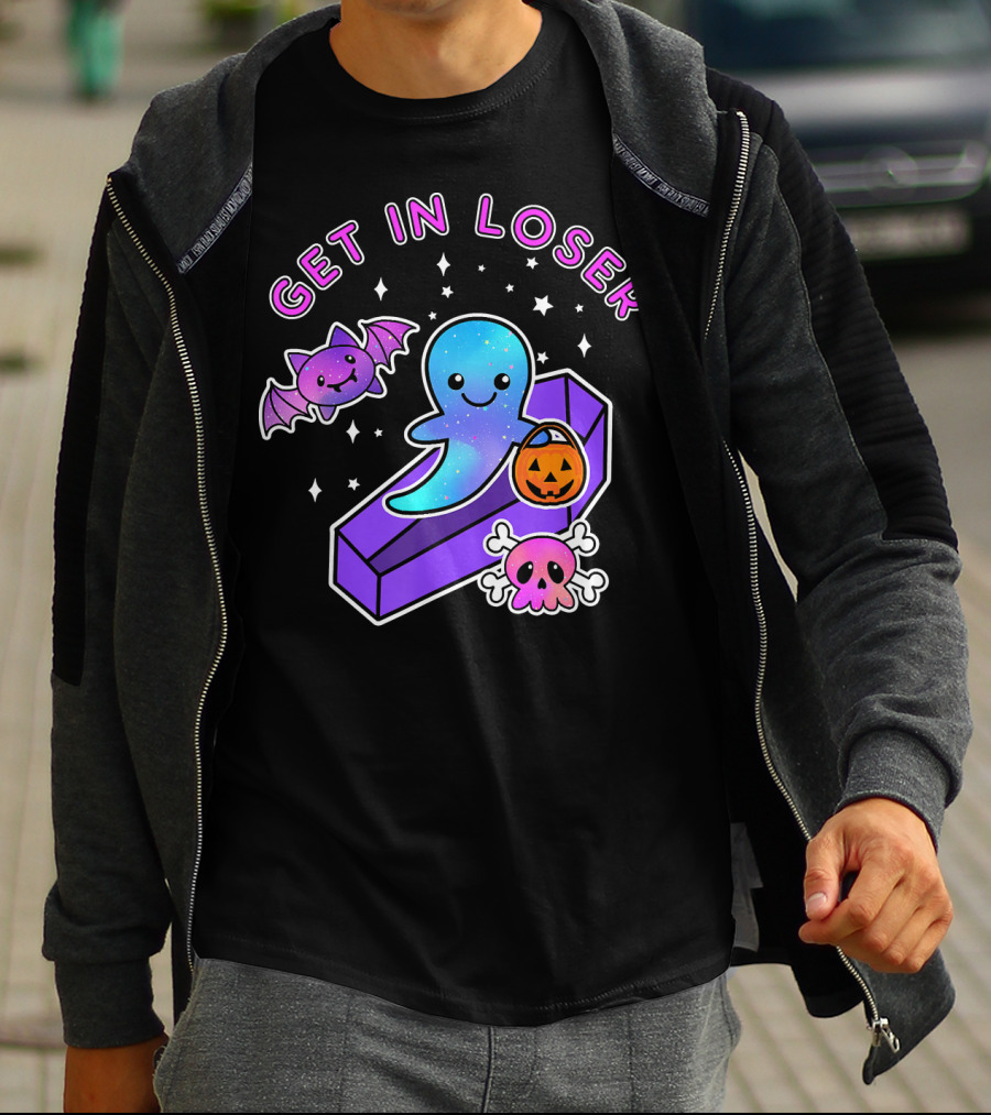 Get In Loser Kawaii Pastel Goth Halloween Ghost Coffin With Bat And Pumpkin T-Shirt