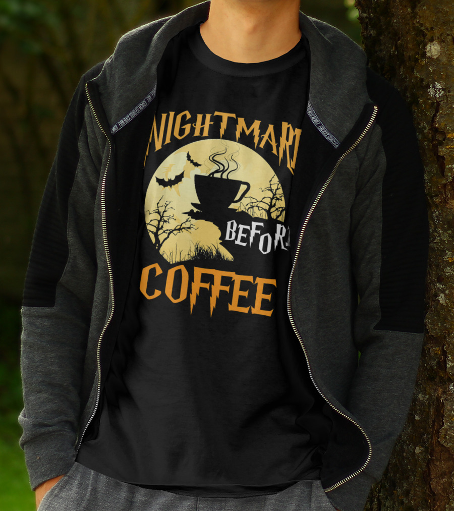 Nightmare Before Coffee Halloween Moon Bat And Tree T-Shirt