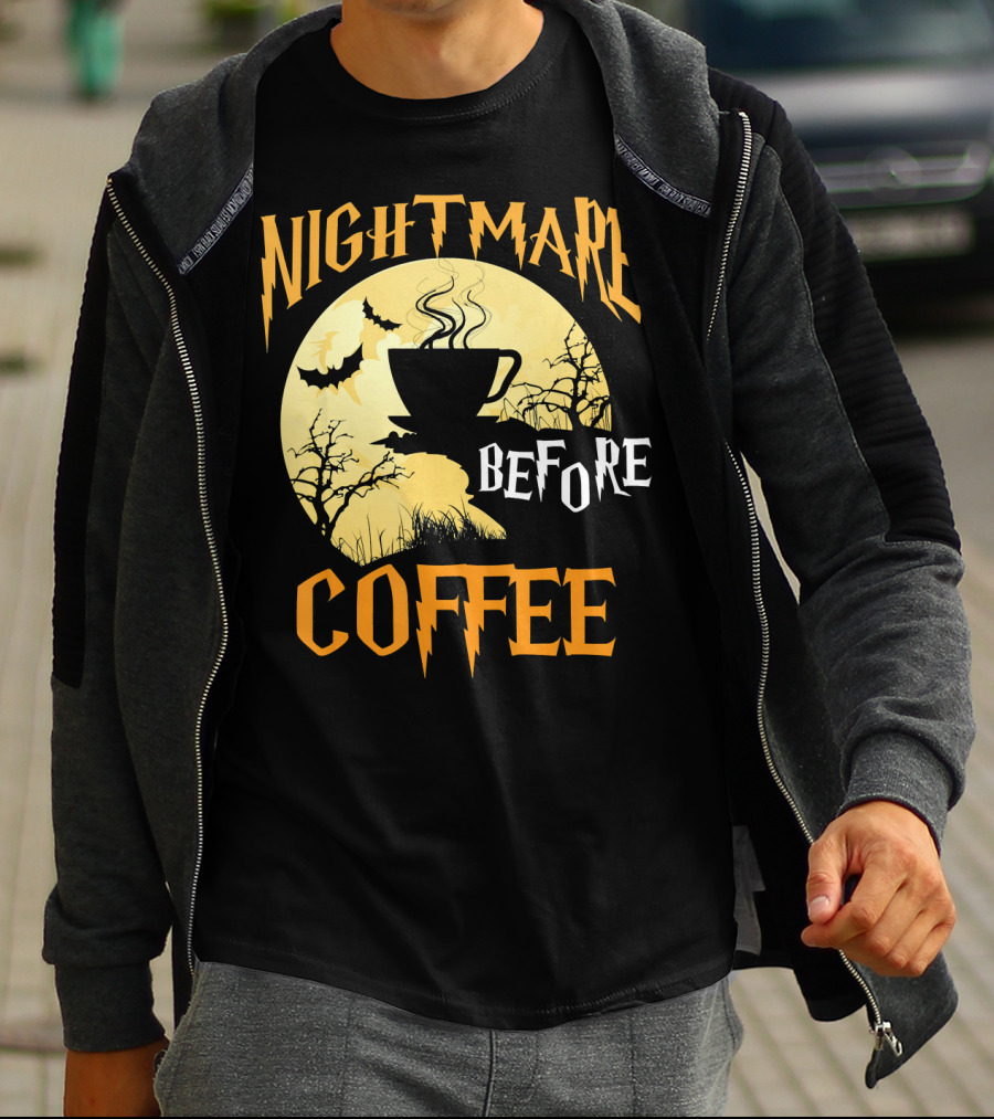 Nightmare Before Coffee Halloween Moon Bat And Tree T-Shirt