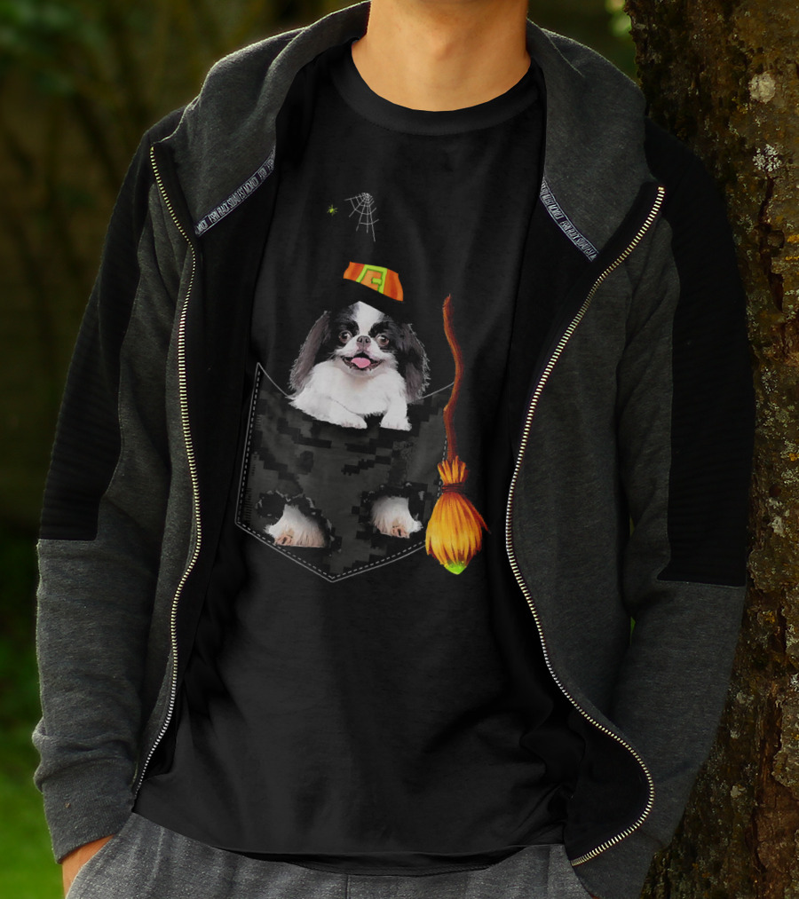 Japanese Chin Halloween Witch Hat Broom Pocket T-Shirt