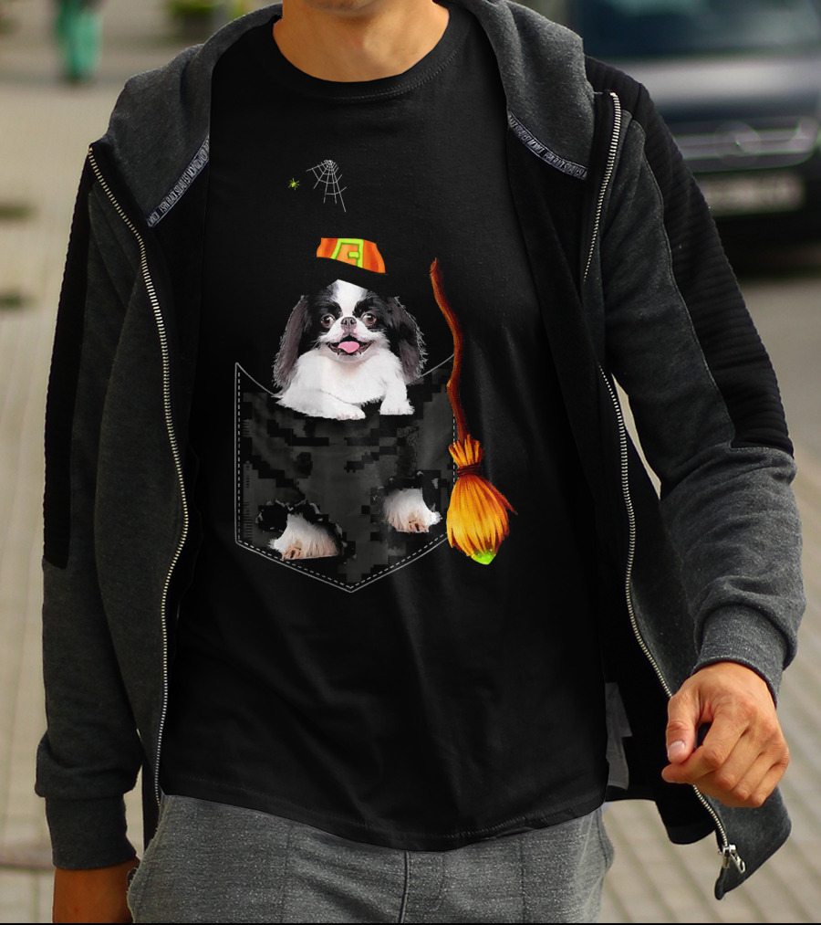 Japanese Chin Halloween Witch Hat Broom Pocket T-Shirt
