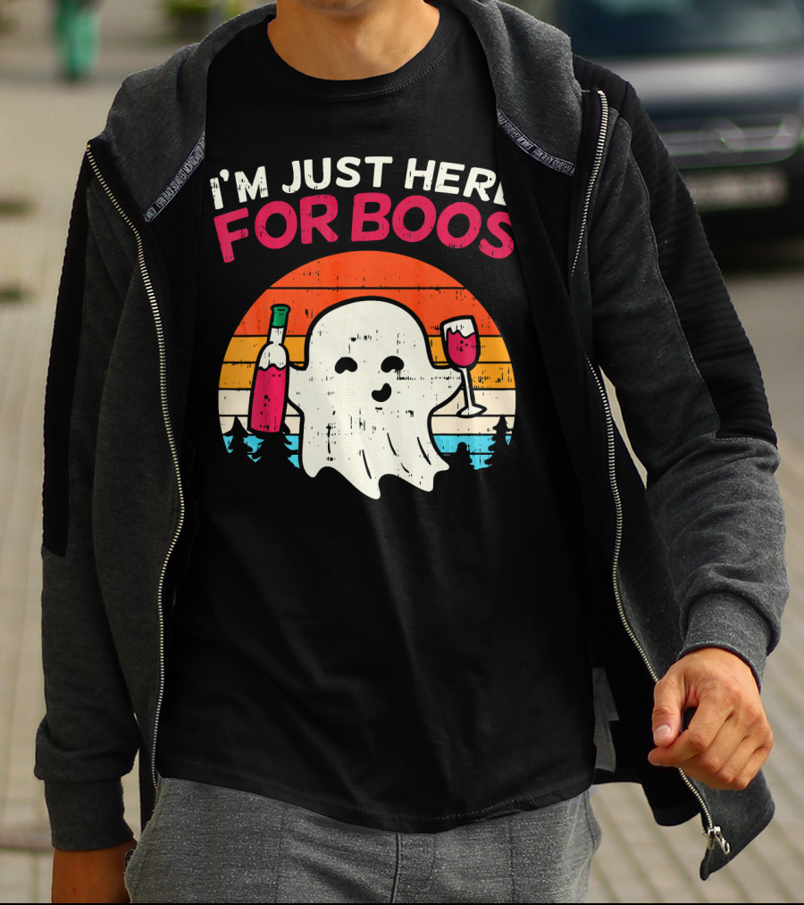 I'm Just Here For Boos Retro Ghost Wine Vintage T-Shirt