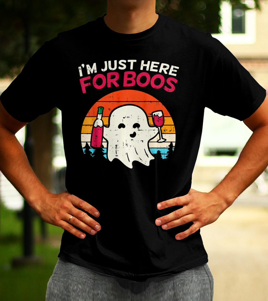 I'm Just Here For Boos Retro Ghost Wine Vintage T-Shirt