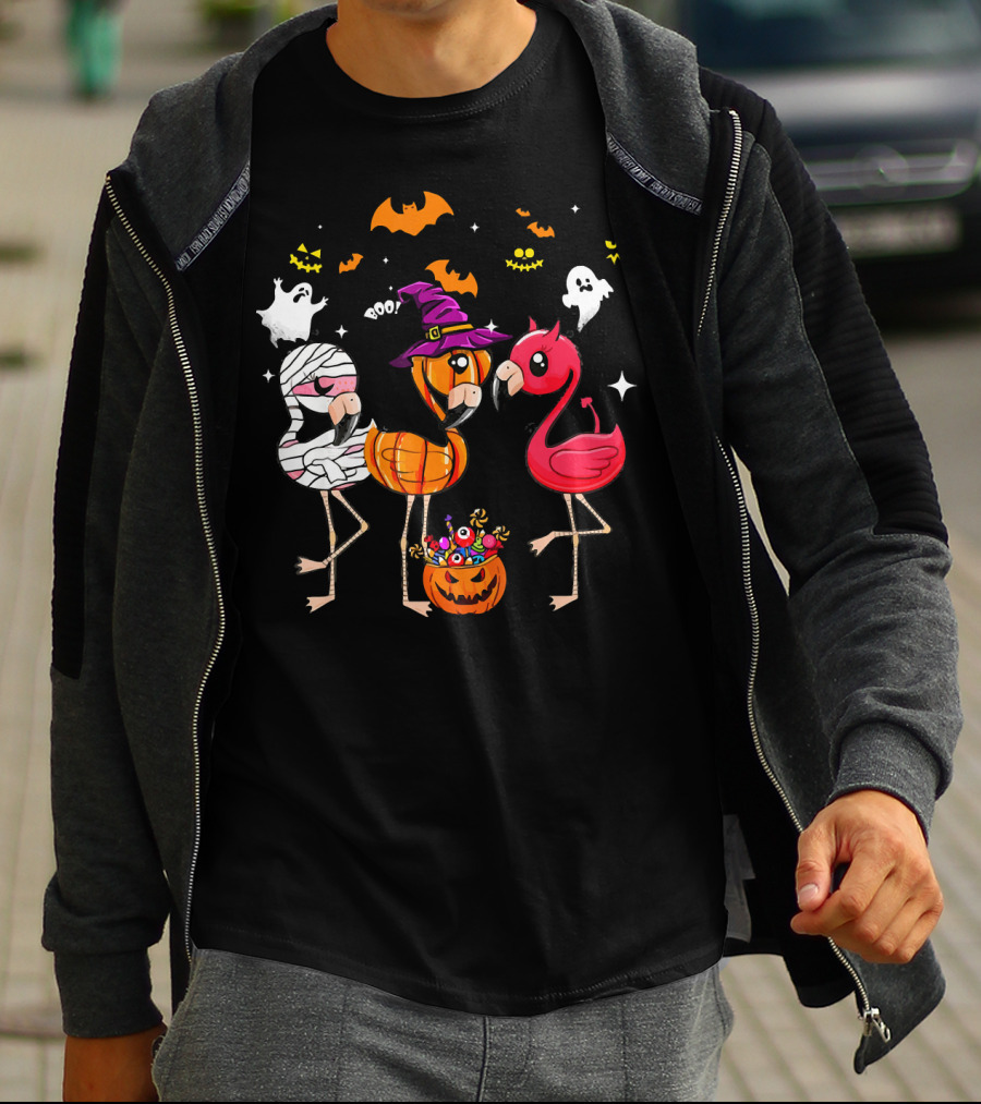 Funny Flamingo Halloween Costume Trio Mummy Witch Boo T-Shirt