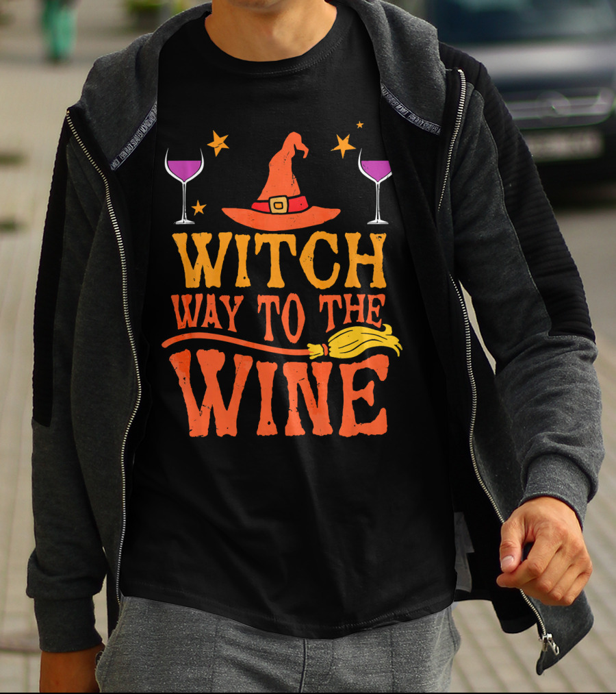 Witch Way To The Wine With Hat, Stars, Glasses, And Broomstick T-Shirt