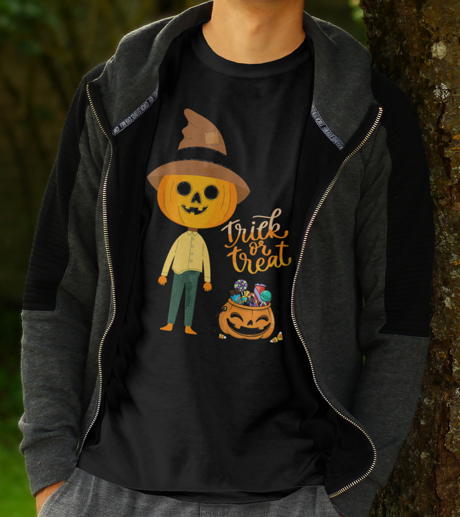 Trick Or Treat Funny Cute Halloween Pumpkin With Candy And Patchwork Hat T-Shirt