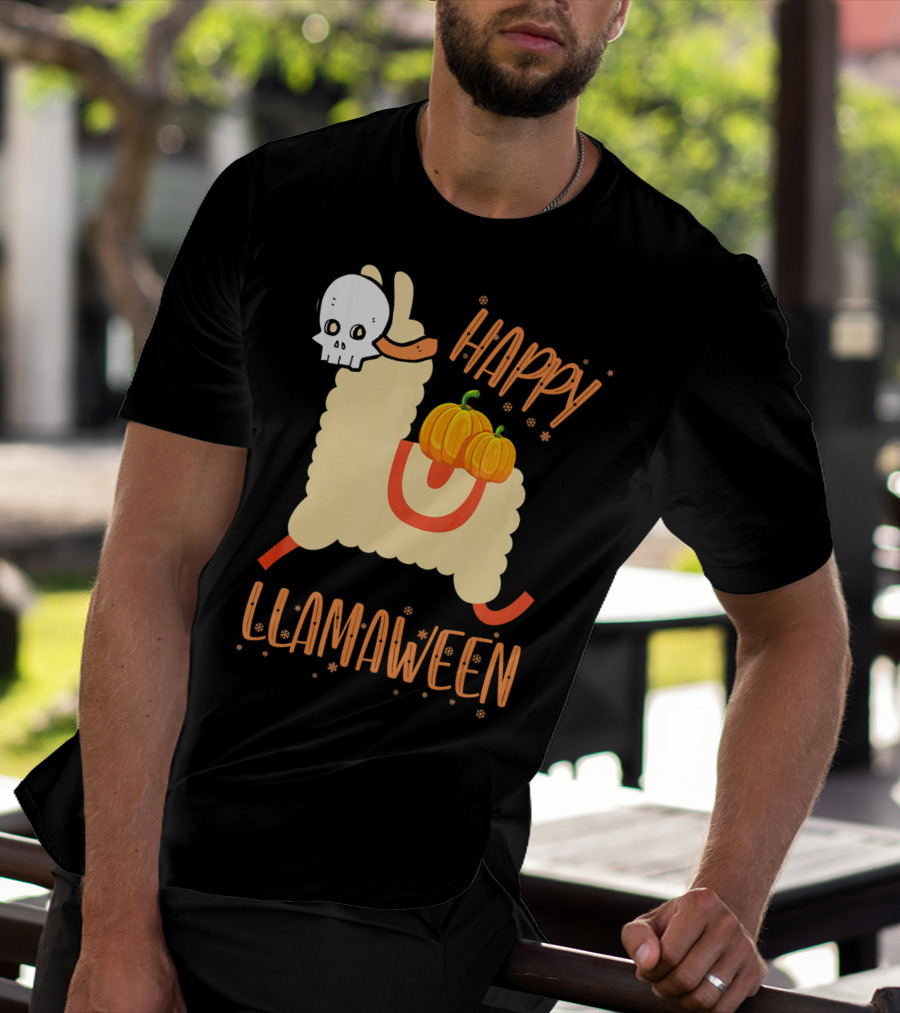 Happy Llamaween Funny Halloween Llama With Pumpkins T-Shirt