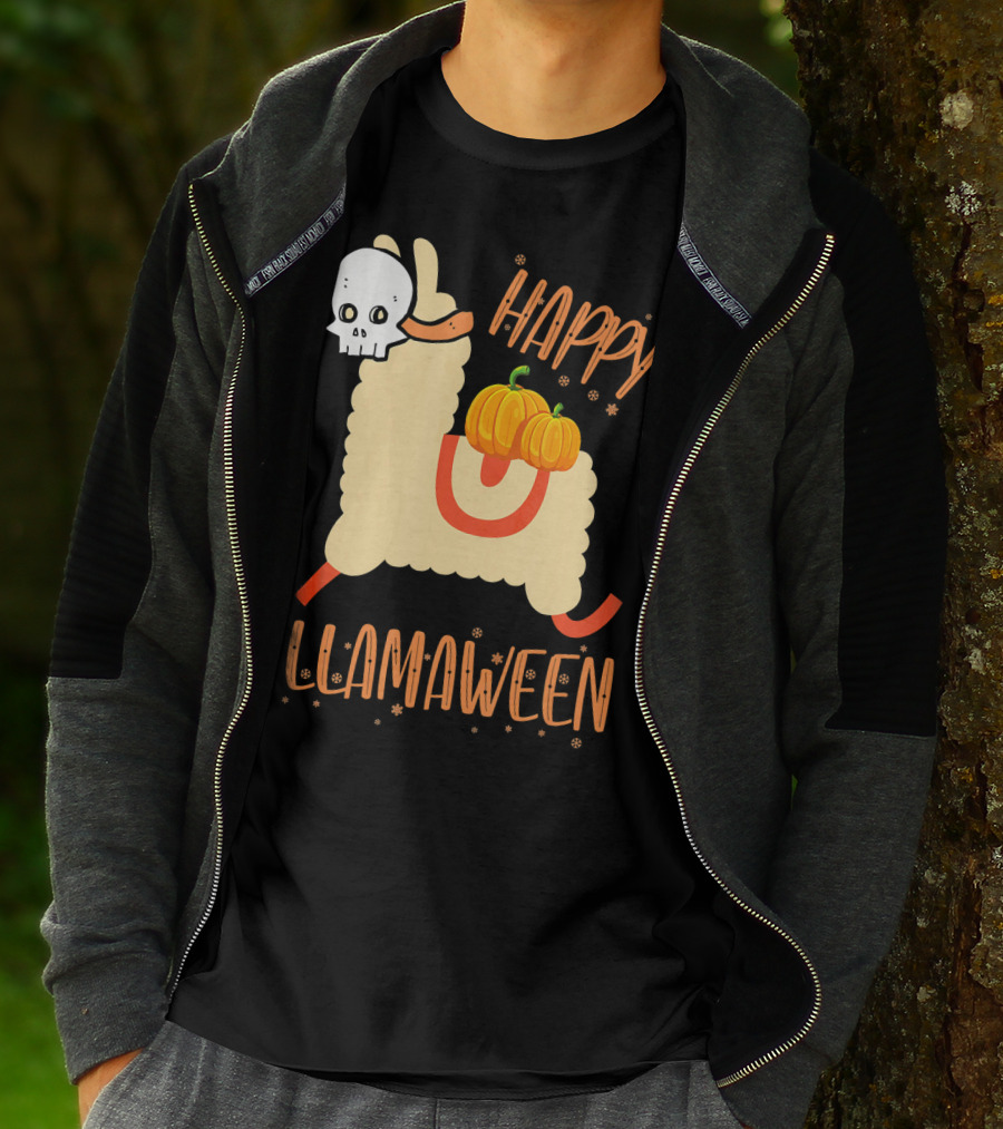 Happy Llamaween Funny Halloween Llama With Pumpkins T-Shirt